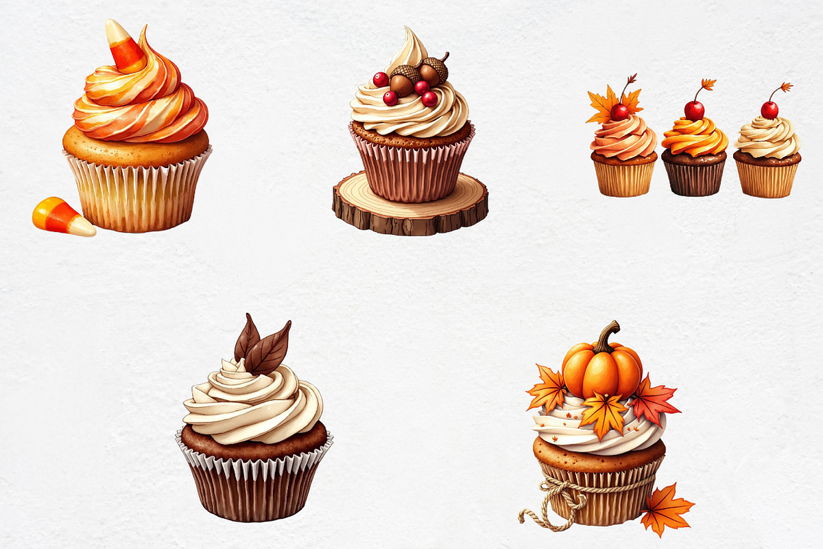 Watercolor Autumn Cupcake Clipart, an Illustration by CrexoraLab (Photo 3 of 5)