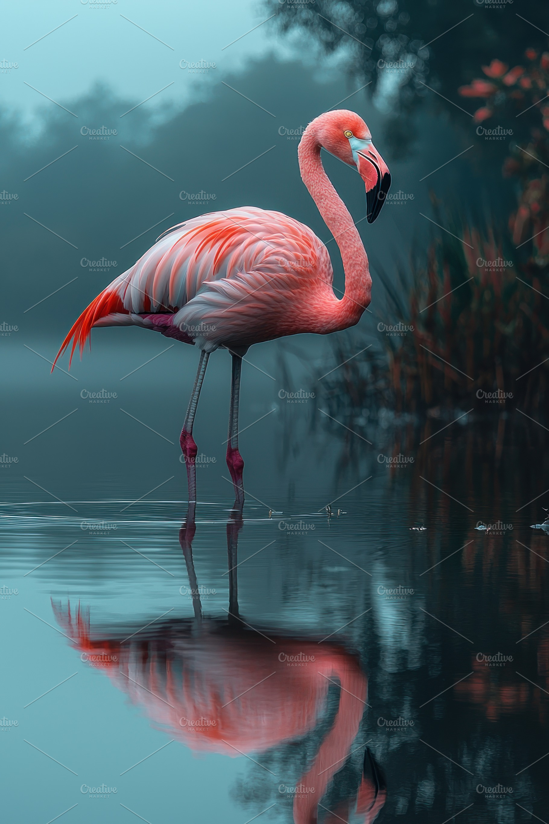Majestic pink flamingo standing in still reflective water surrou, an Animal Photo by José Manuel Gelpi