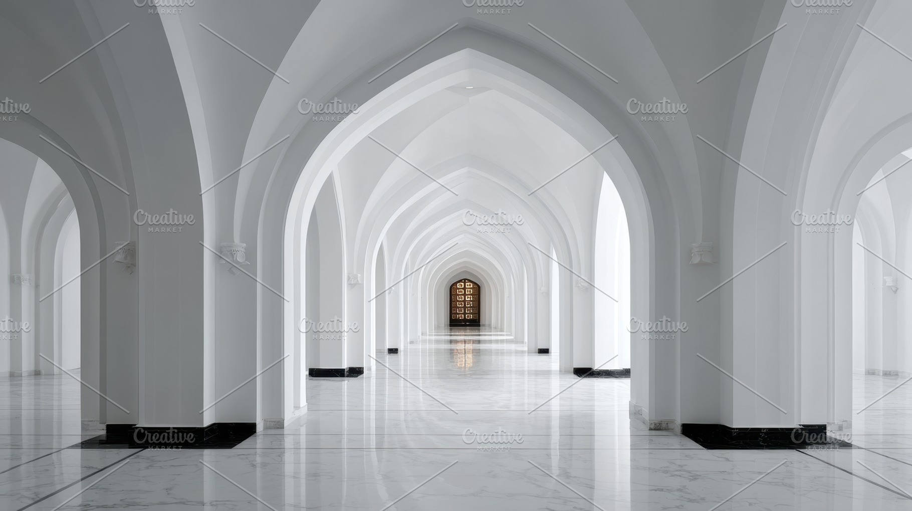 Elegant white arches in a grand hall, a Photo by Beautiful things