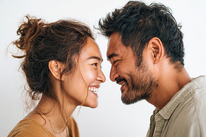 Couple sharing a joyful moment smiling at each other with bright expressions in, a Photo by AlyaAnd
