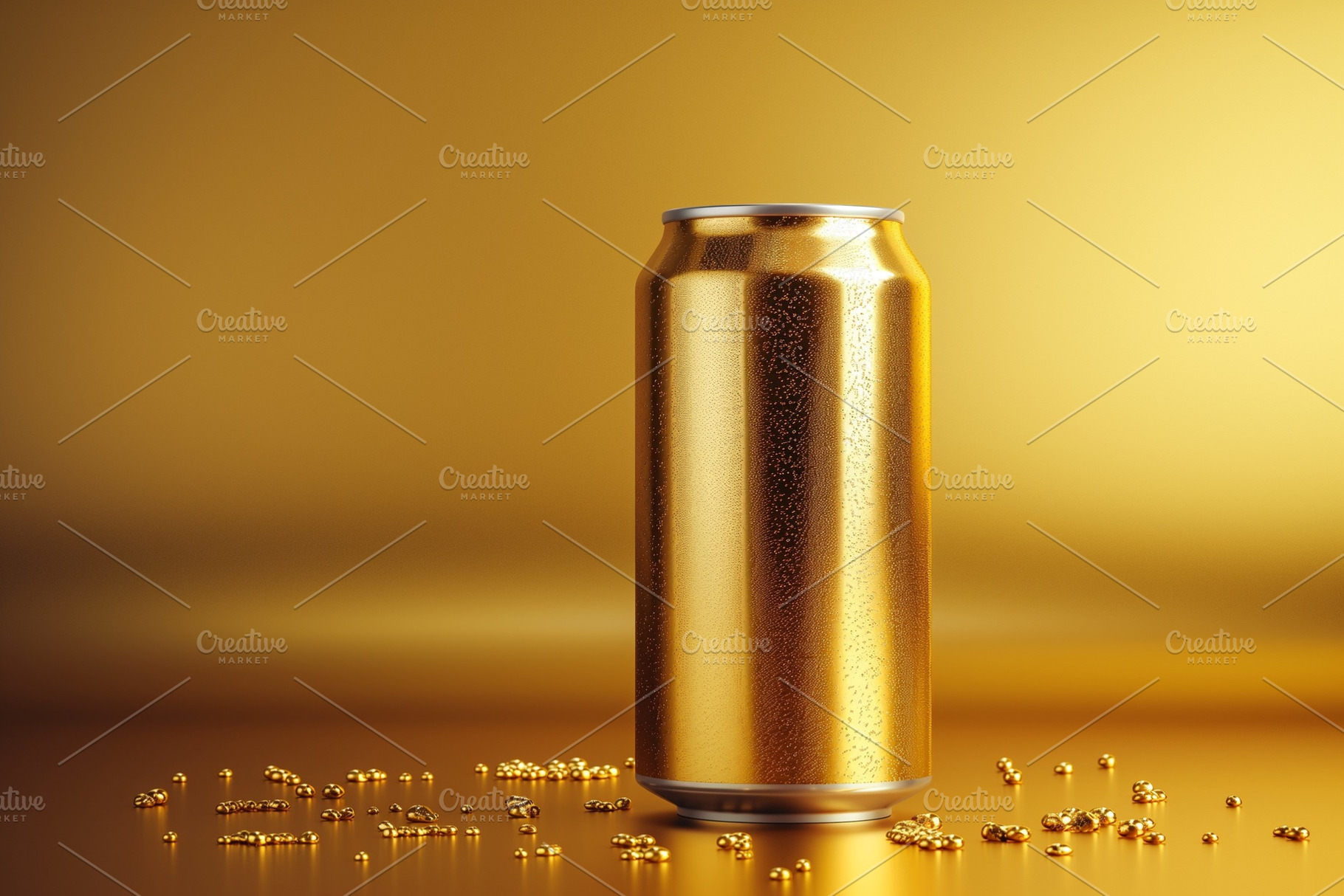 A glossy golden soda can stands tall on a shimmering golden surface, surrounded, a Background Photo by ImageMir