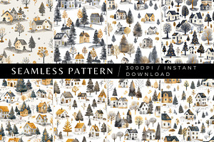 8 Winter Houses Seamless Patterns