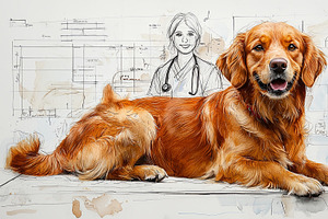 Golden retriever examined by veterinarian with sketched medical backdrop illust, an Illustration by AS photostudio