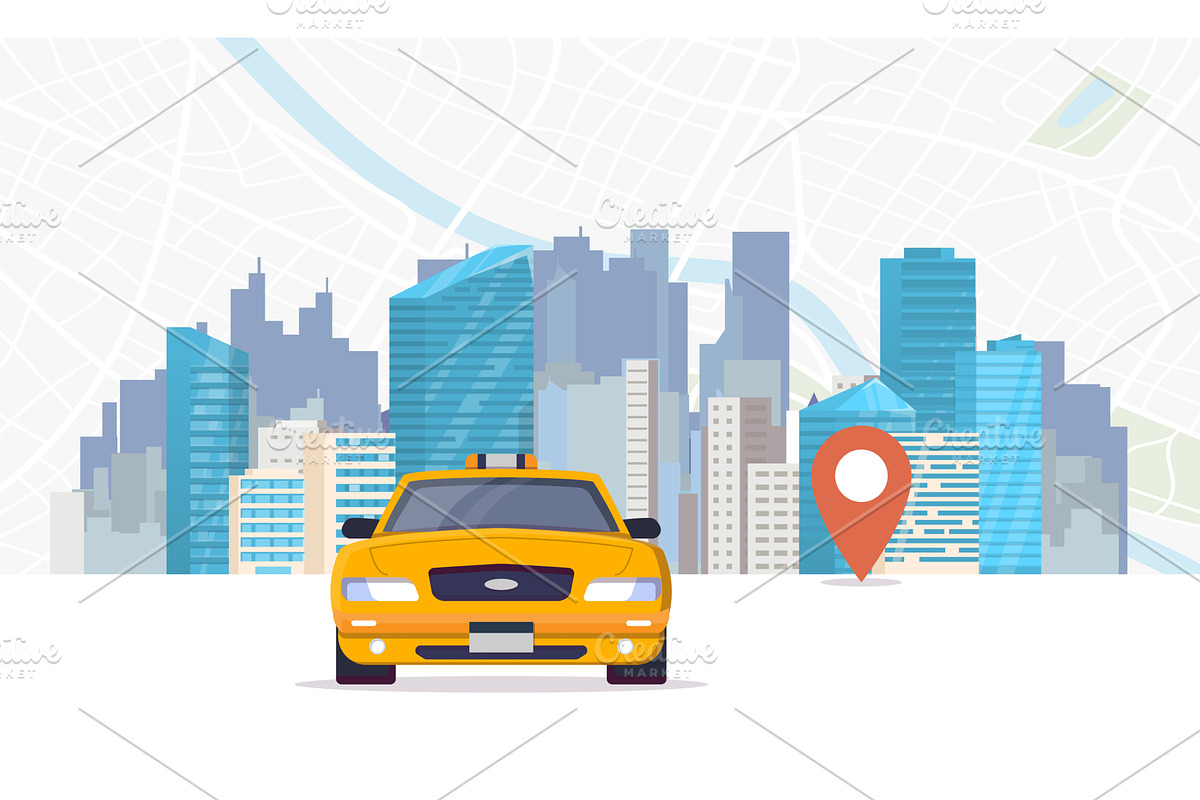 Taxi car and city on background, a Transportation Illustration by SkyVectors
