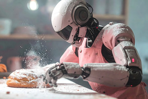 Baking robot in pink apron preparing pastry with sugar, a Technology Photo by GoodGoods