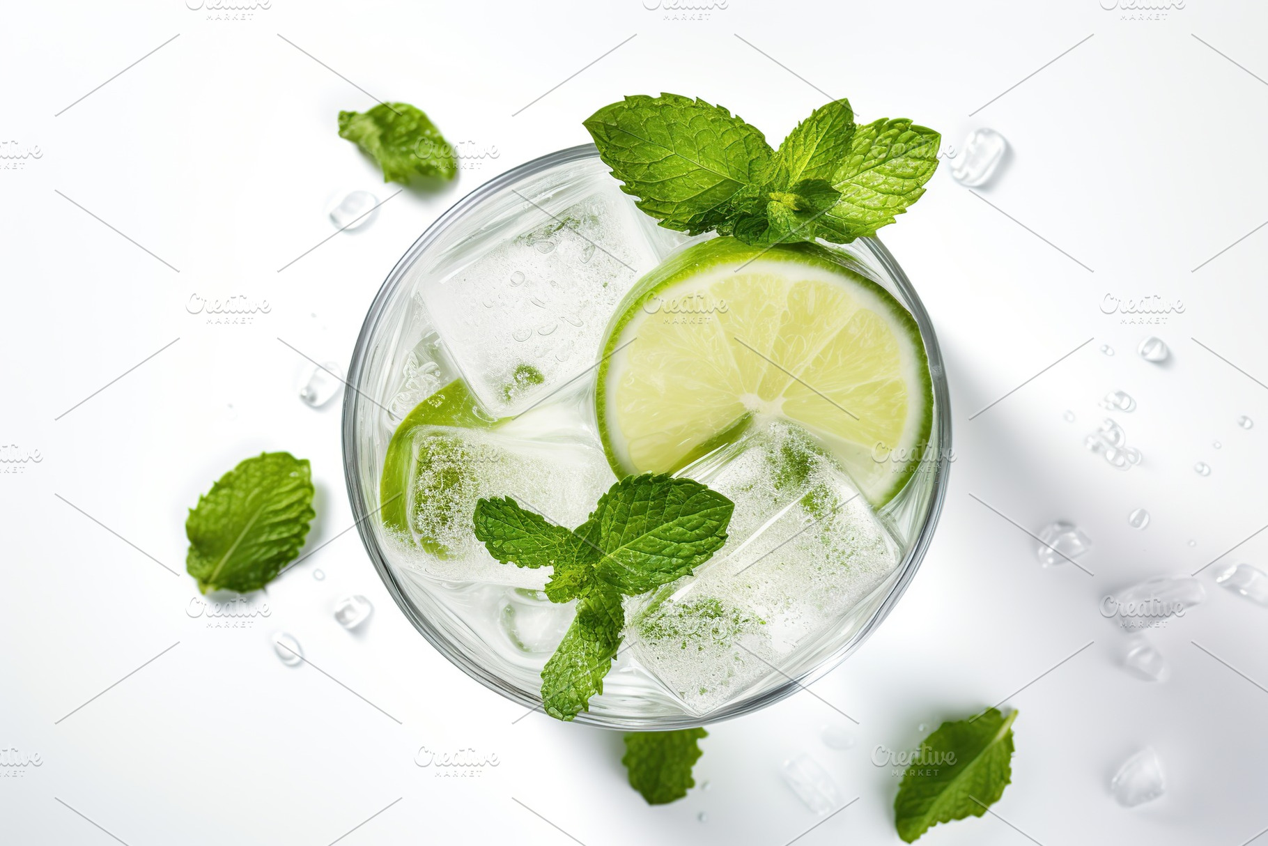 Flat lay of alcoholic mojito with ice and mint on white background, a Food & Drink Photo by AlyaAnd