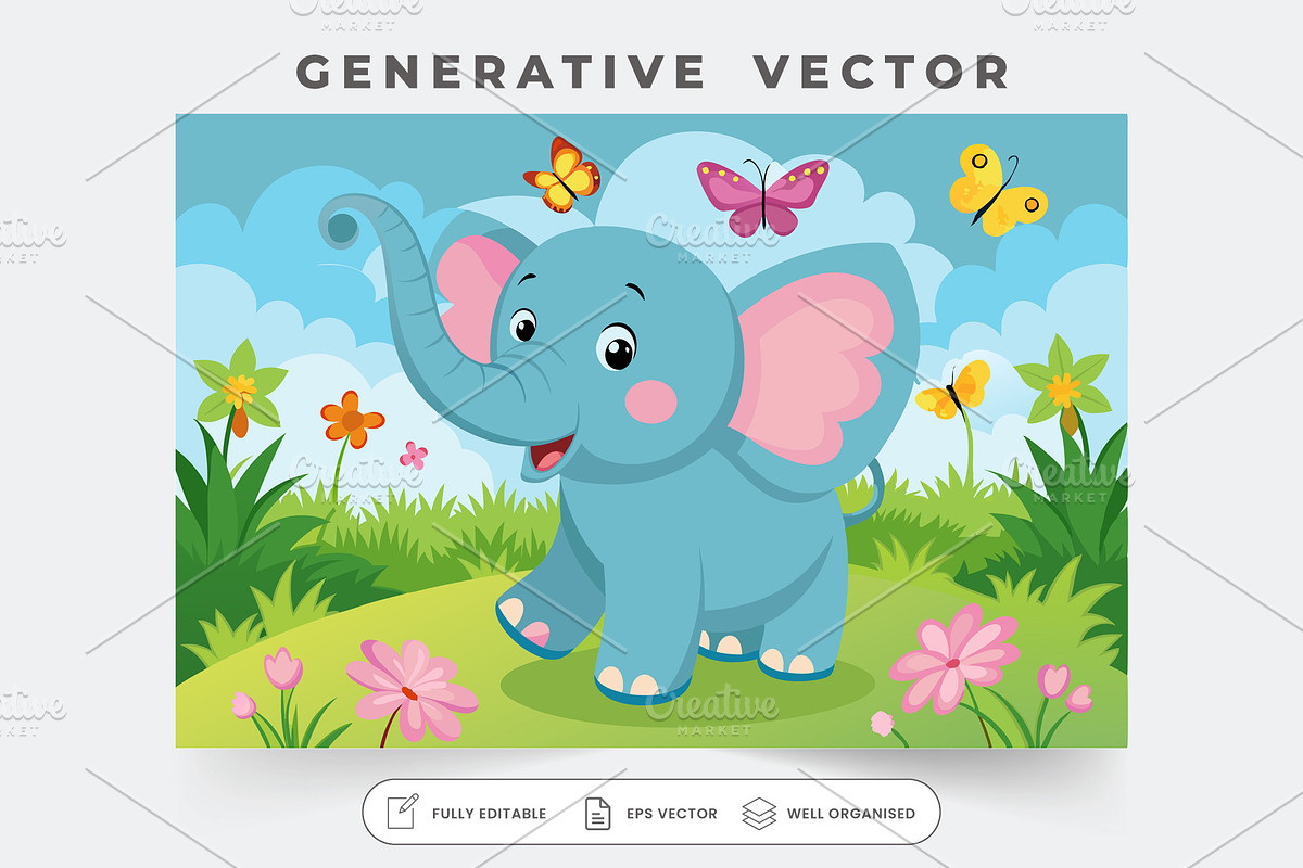 A joyful elephant plays with butterf, a Graphic by Iftikhar Alam