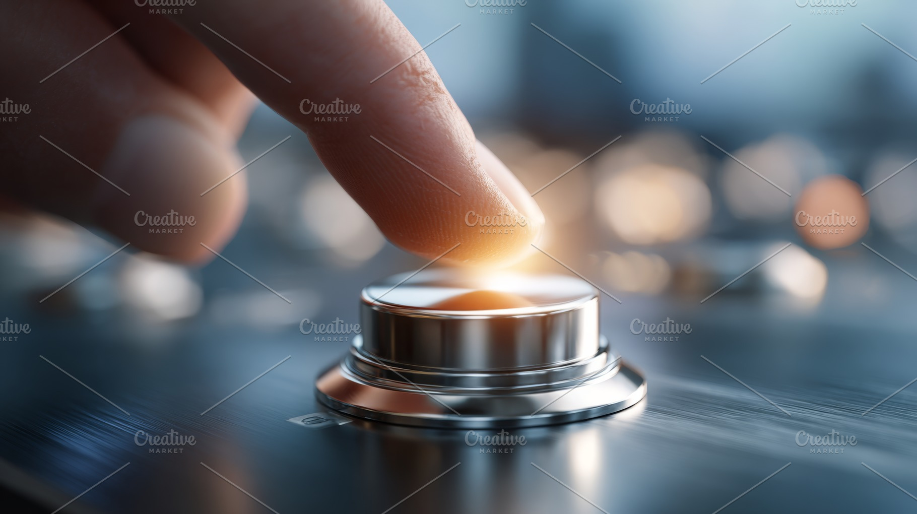 A close-up of a finger pressing a glowing metallic button, showcasing technolog, a Business Photo by ImageMir