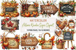 Watercolor Autumn Wooden Signs, a Seasonal Illustration by DreamArtGraphic