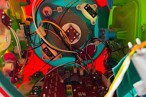 Interior circuits and components of a colorful electronic toy showing intricate, a Photo by AS photostudio