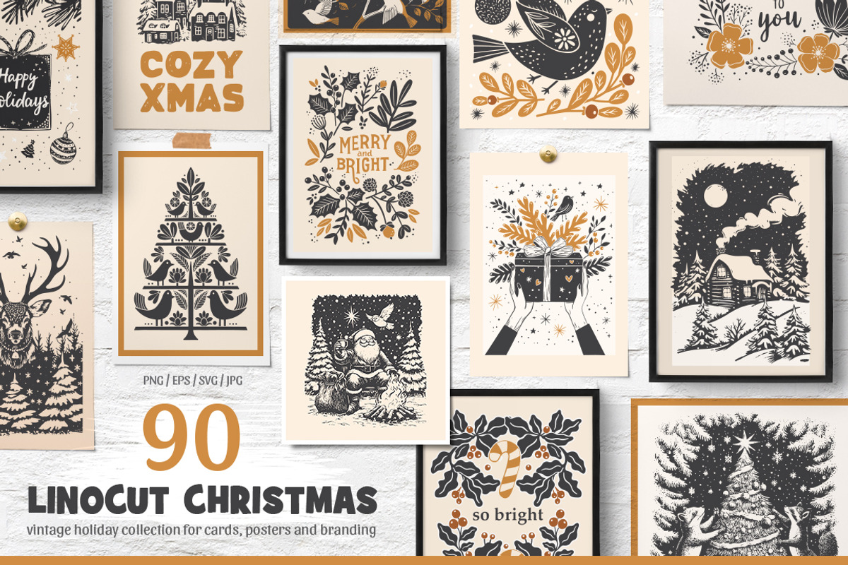 Vintage Linocut Christmas Kit, a Seasonal Illustration by DariSmartArt (Photo 1 of 18)
