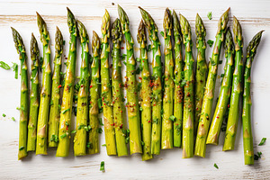 Baked asparagus with spices on wooden background, a Food & Drink Photo by AlyaAnd
