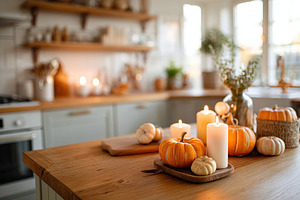 Scandinavian kitchen with autumn decorations and warm candlelight ambiance, a Food & Drink Photo by AlyaAnd