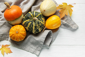 Pumpkins and gourds displaying autumn harvest season, a Food & Drink Photo by Olena Rudo