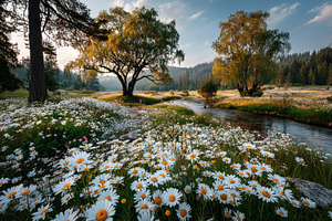 Field of daisies and wildflowers under ancient oak tree beside f, a Nature Photo by José Manuel Gelpi
