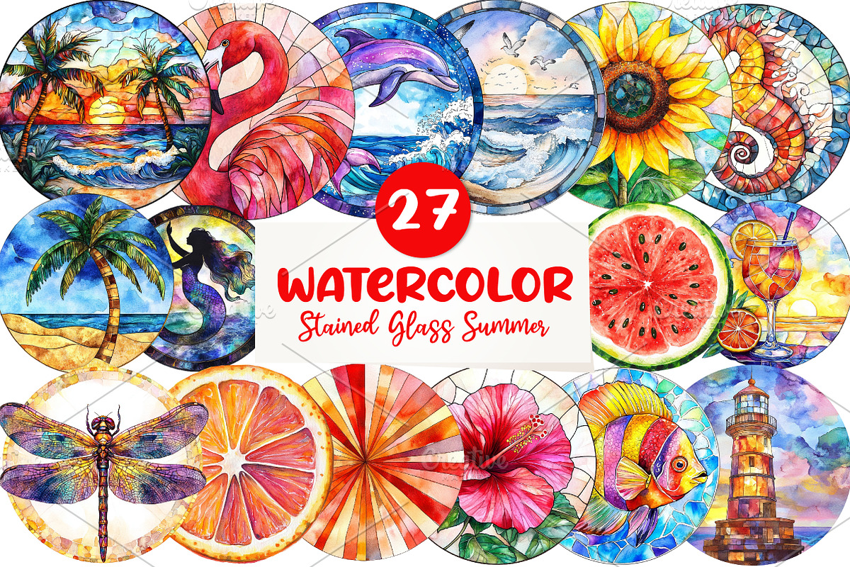 Round Stained Glass Summer Clipart, an Illustration by CreationArt (Photo 1 of 5)