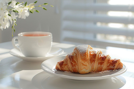 Cup of tea and croissant on white kitchen table, a Food & Drink Photo by AlyaAnd