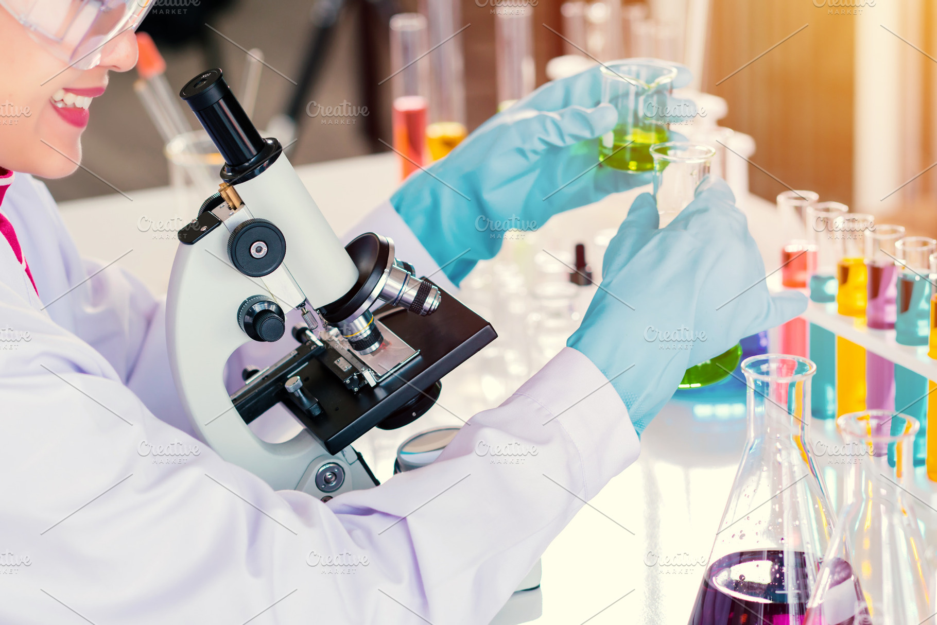 scientist with equipment and science experiments, laboratory gla, a ...