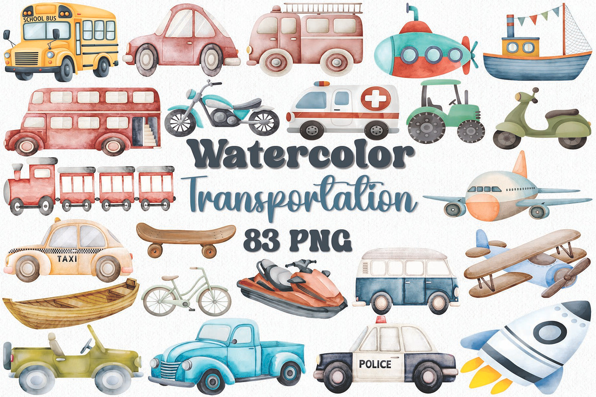 Watercolor Transportation Clipart, a Transportation Illustration by CropUp Creative (Photo 1 of 5)
