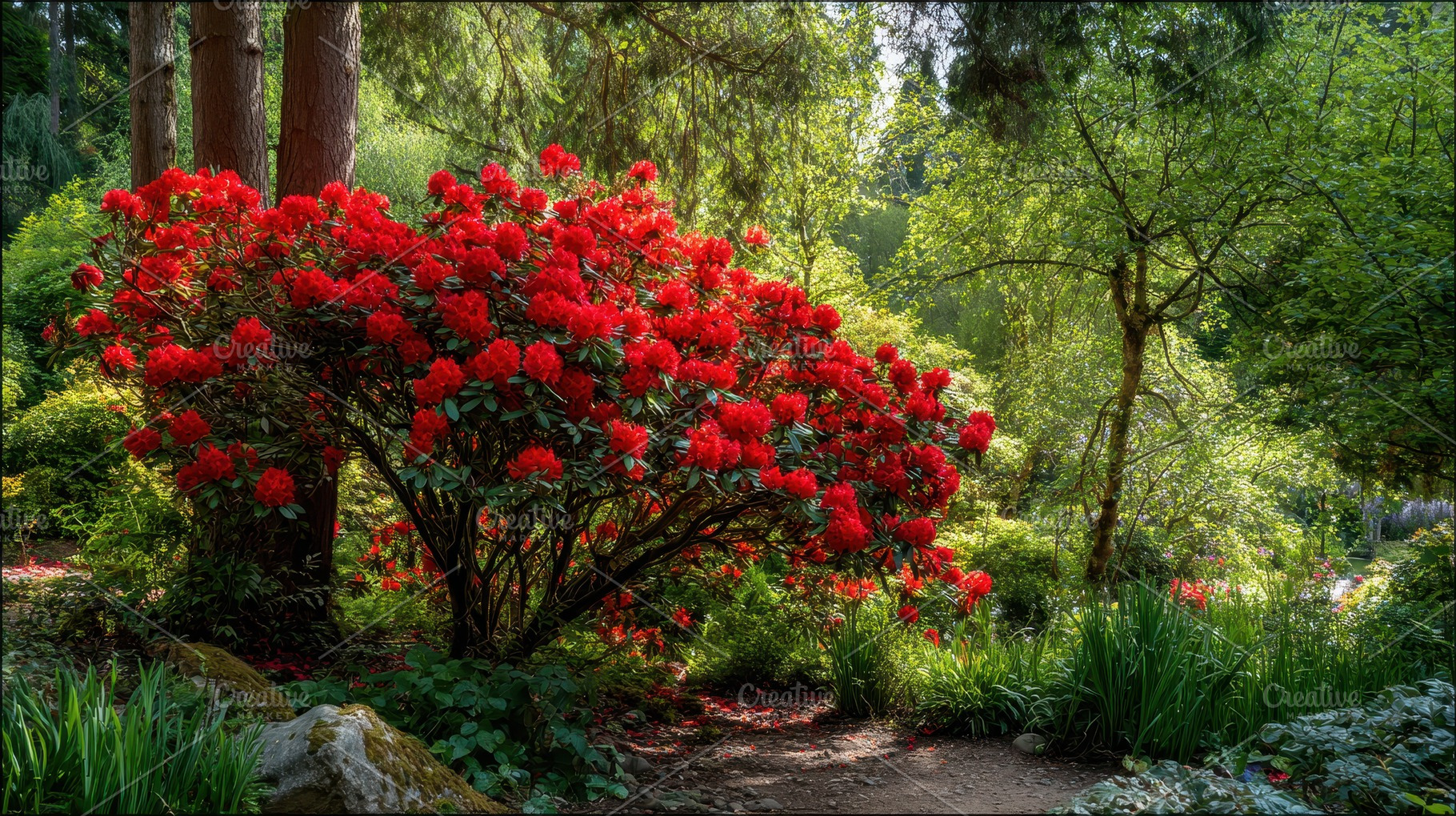Bright red rhododendron bush blooms, a Photo by Pavel_design