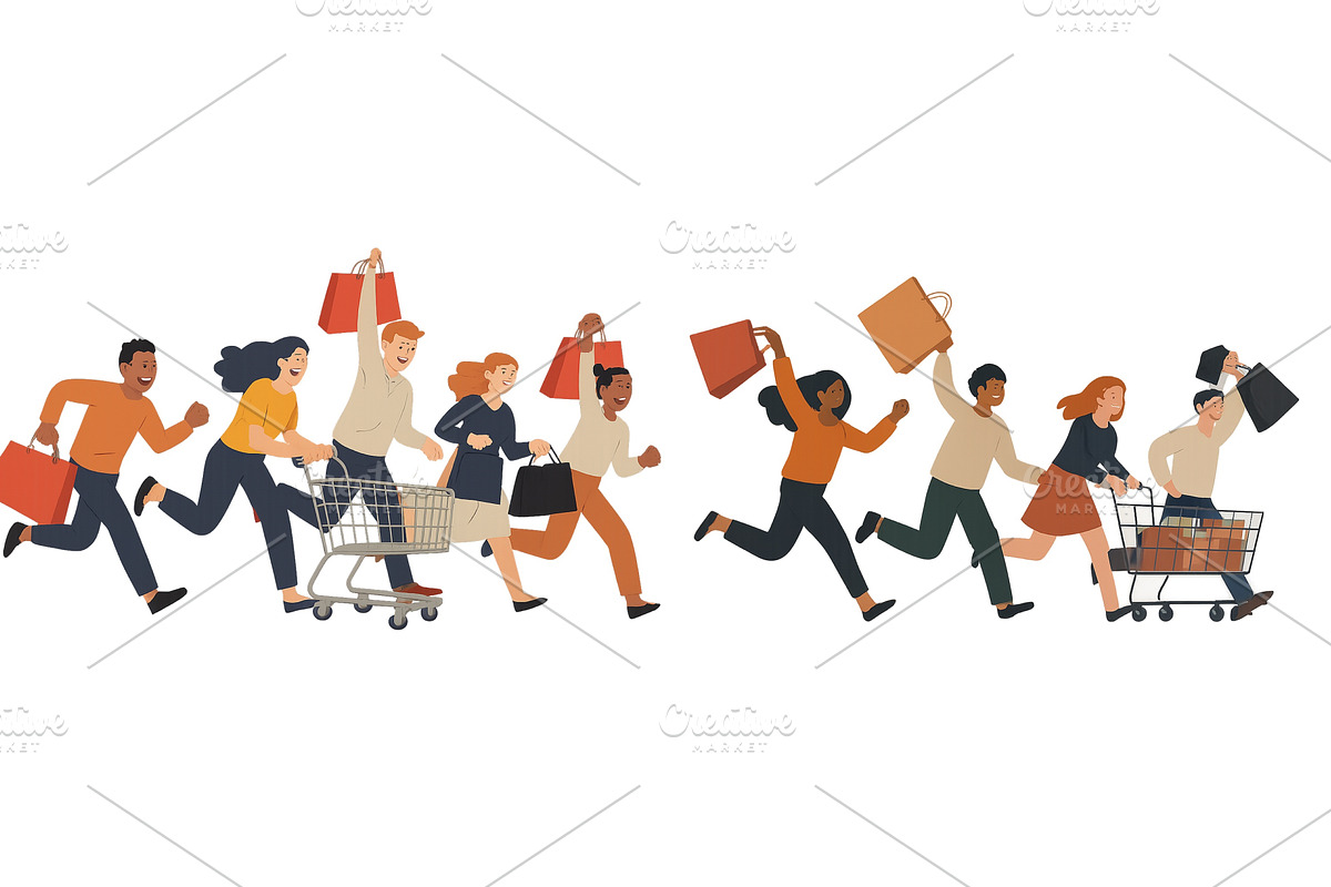 Excited shoppers running with bags, a Person Illustration by ZinetroN