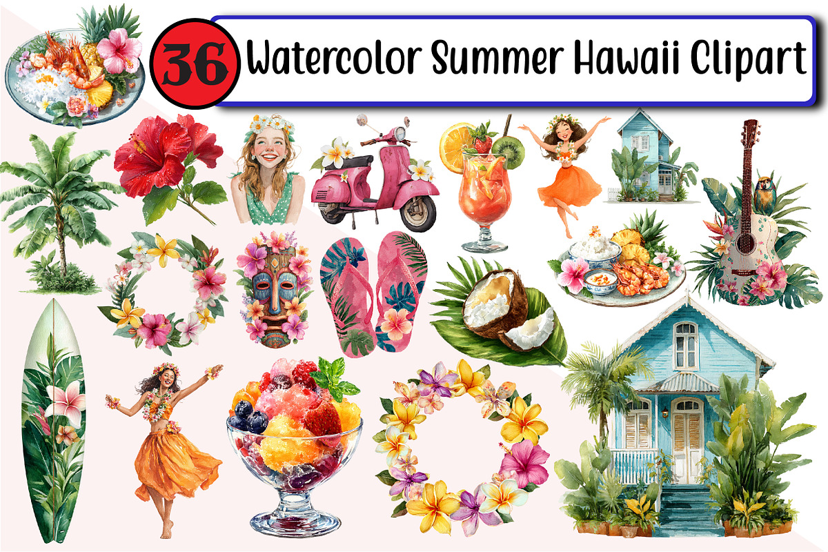 Watercolor Summer Hawaii Clipart, an Illustration by Design Market (Photo 1 of 2)