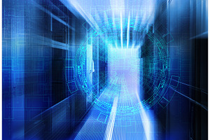 Abstract futuristic background on close up modern interior of server room