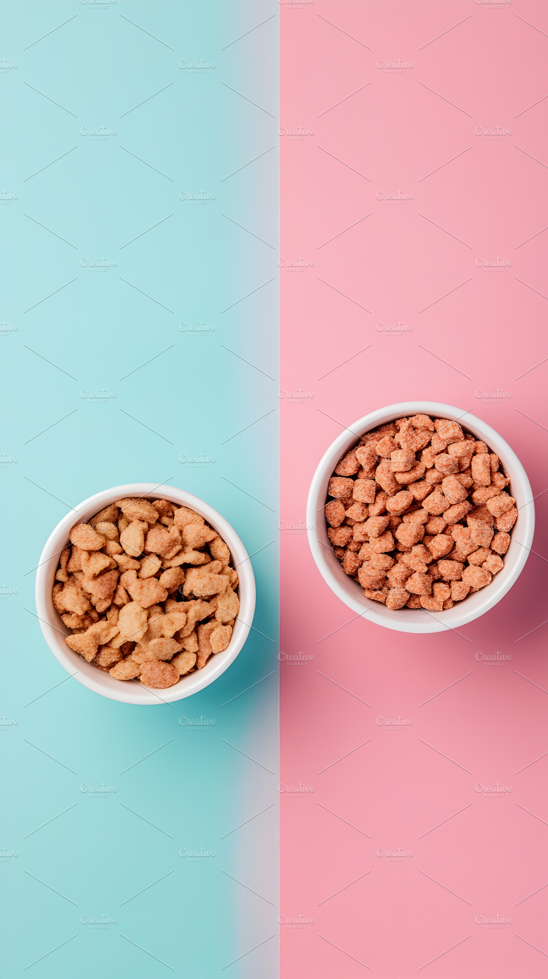 Cereal snacks in bowls on pastel background, a Food & Drink Photo by Photostock
