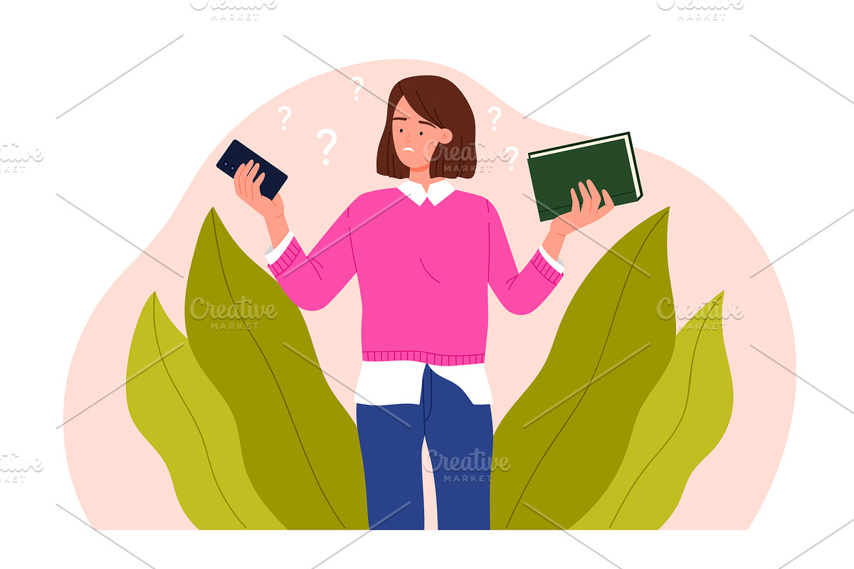 Woman Choosing Between Book And, an Education Illustration by Flashvector