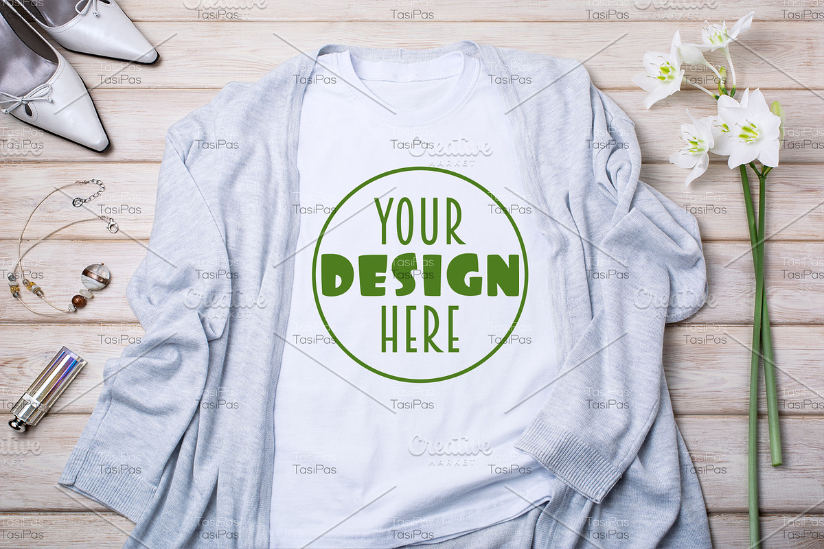 T-shirt mockup with gray cardigan, a Print Template by TasiPas (Photo 2 of 4)