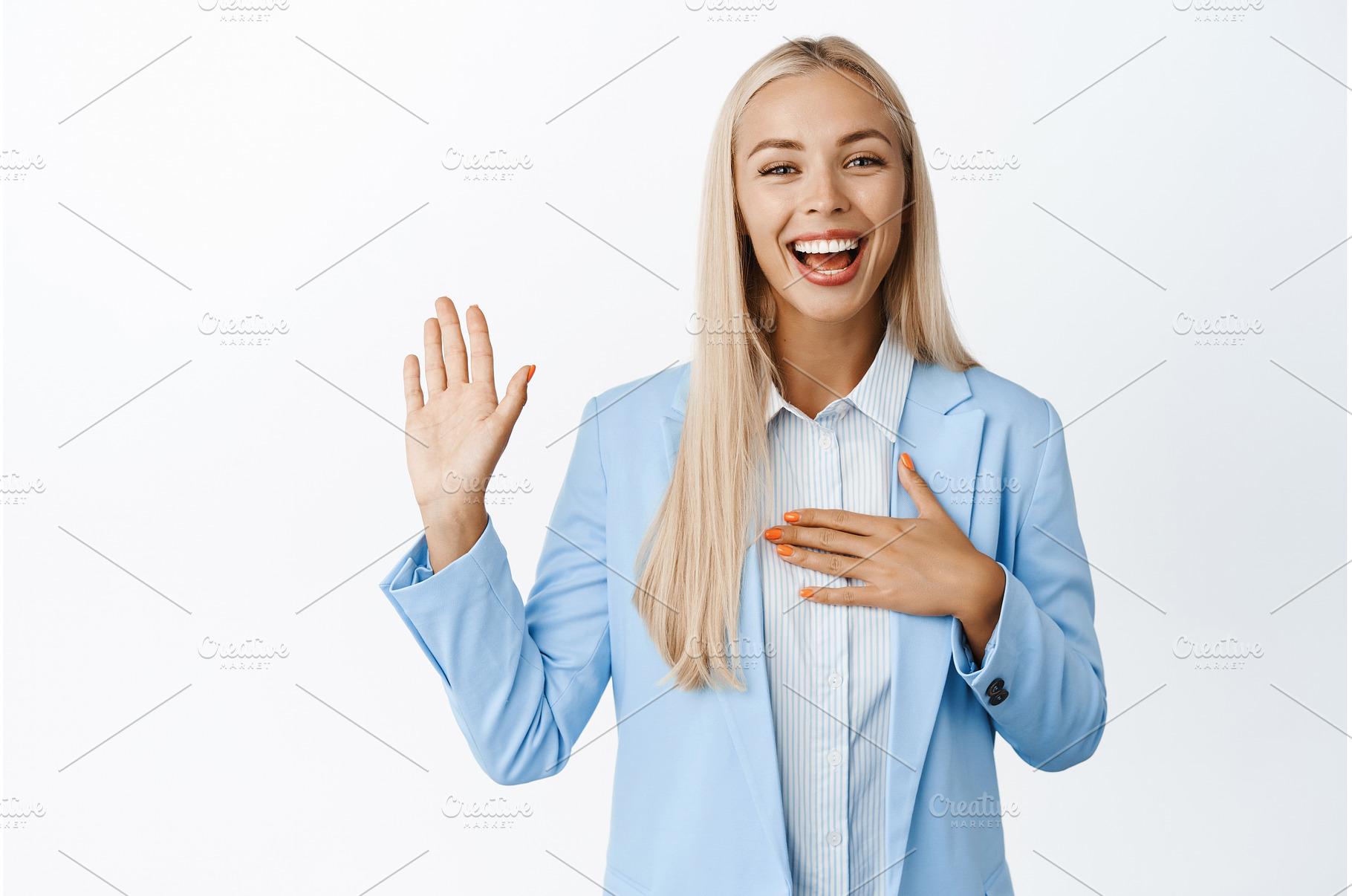 Young corporate woman makes promise, a Business Photo by Cookie Studio