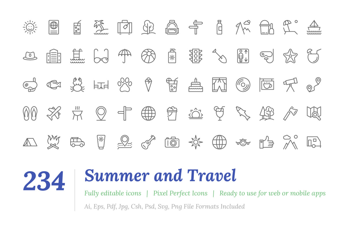 234 Summer and Travel Outine Icons, an Outline Icon by Vectors Market (Photo 1 of 3)