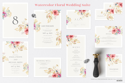 Watercolor Floral Wedding Suite, an Invitation Template by Azka Creative