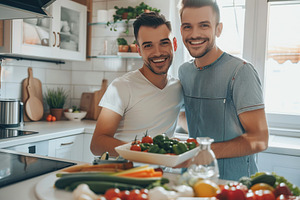 Young gay couple cooking healthy food in the kitchen, a Person Photo by AlyaAnd
