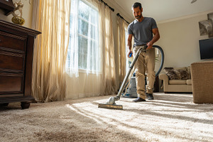 Man vacuuming beige carpet in sunny, an Abstract Photo by Pixeness Studio