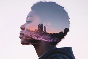 Double exposure of a black female astronaut with futuristic city, a Photo by Dvoevnore photos