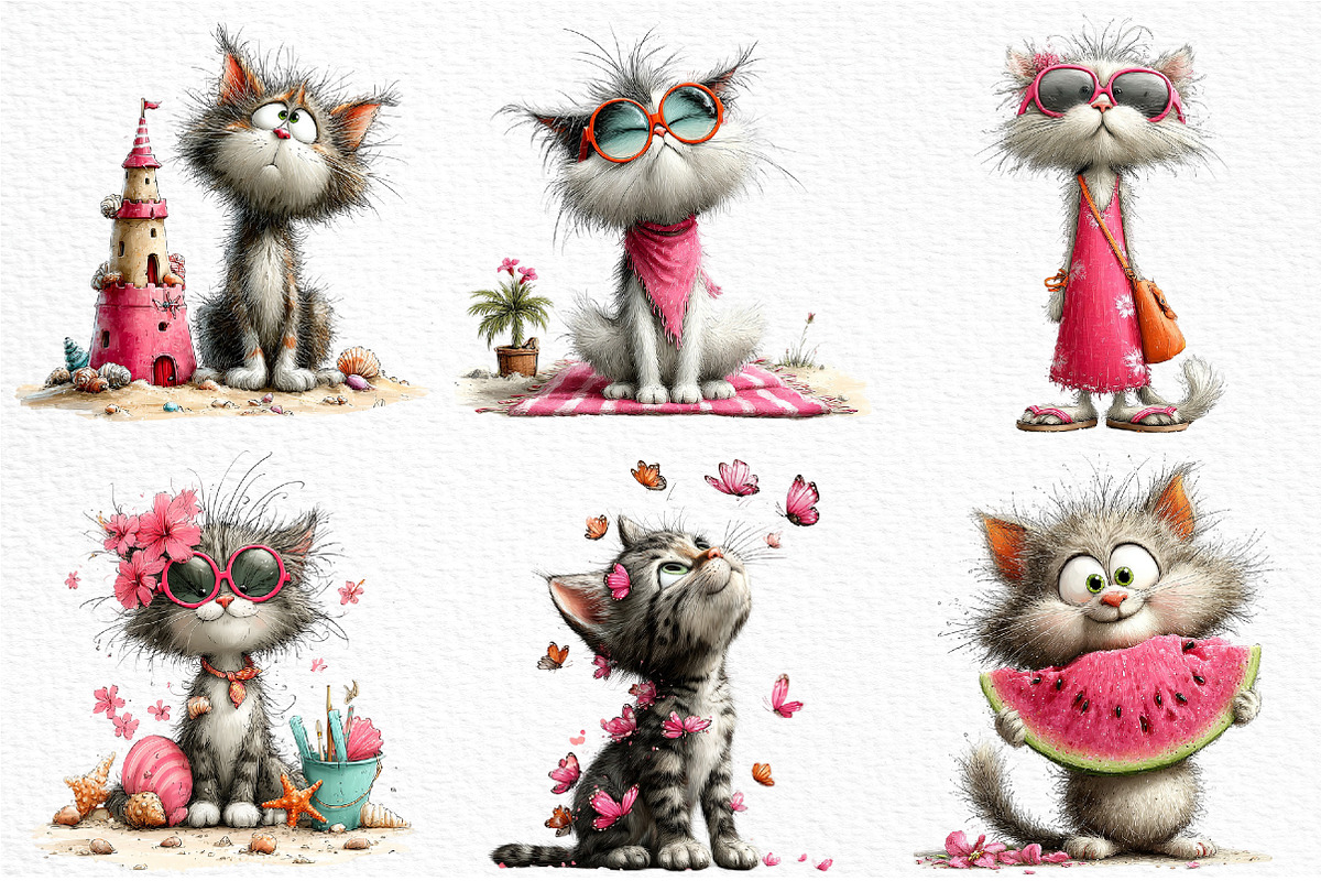 Whimsical Summer Cats Clipart, an Illustration by Craft Nest (Photo 5 of 12)