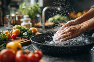 Washing hands in a pan fresh vegetab, a Photo by Pixeness Studio