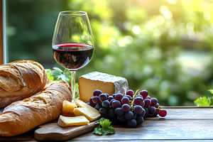 Rustic wine and cheese picnic setting, a Food & Drink Photo by Photostock