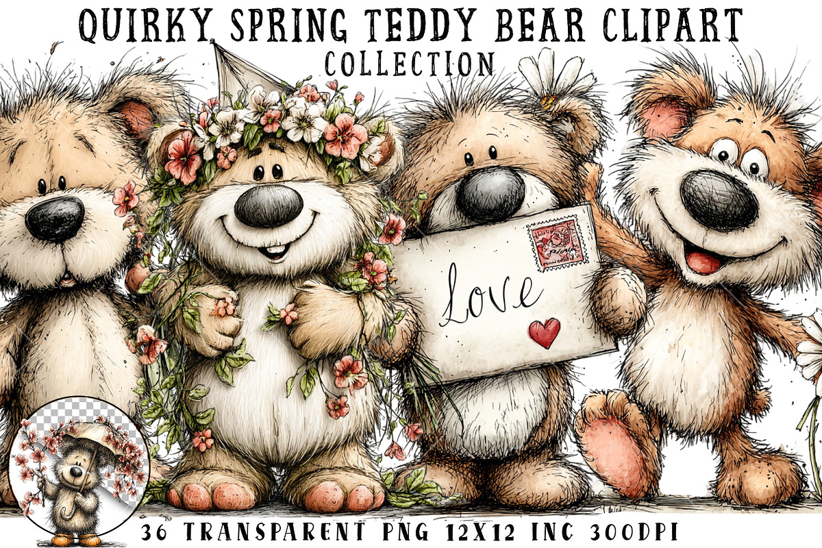 Quirky Spring Teddy Bear Clipart, an Illustration by OK Design (Photo 1 of 6)
