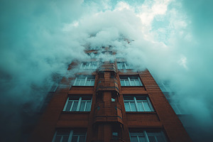 Apartments in high building with smoke and fire, an Architecture Photo by AlyaAnd