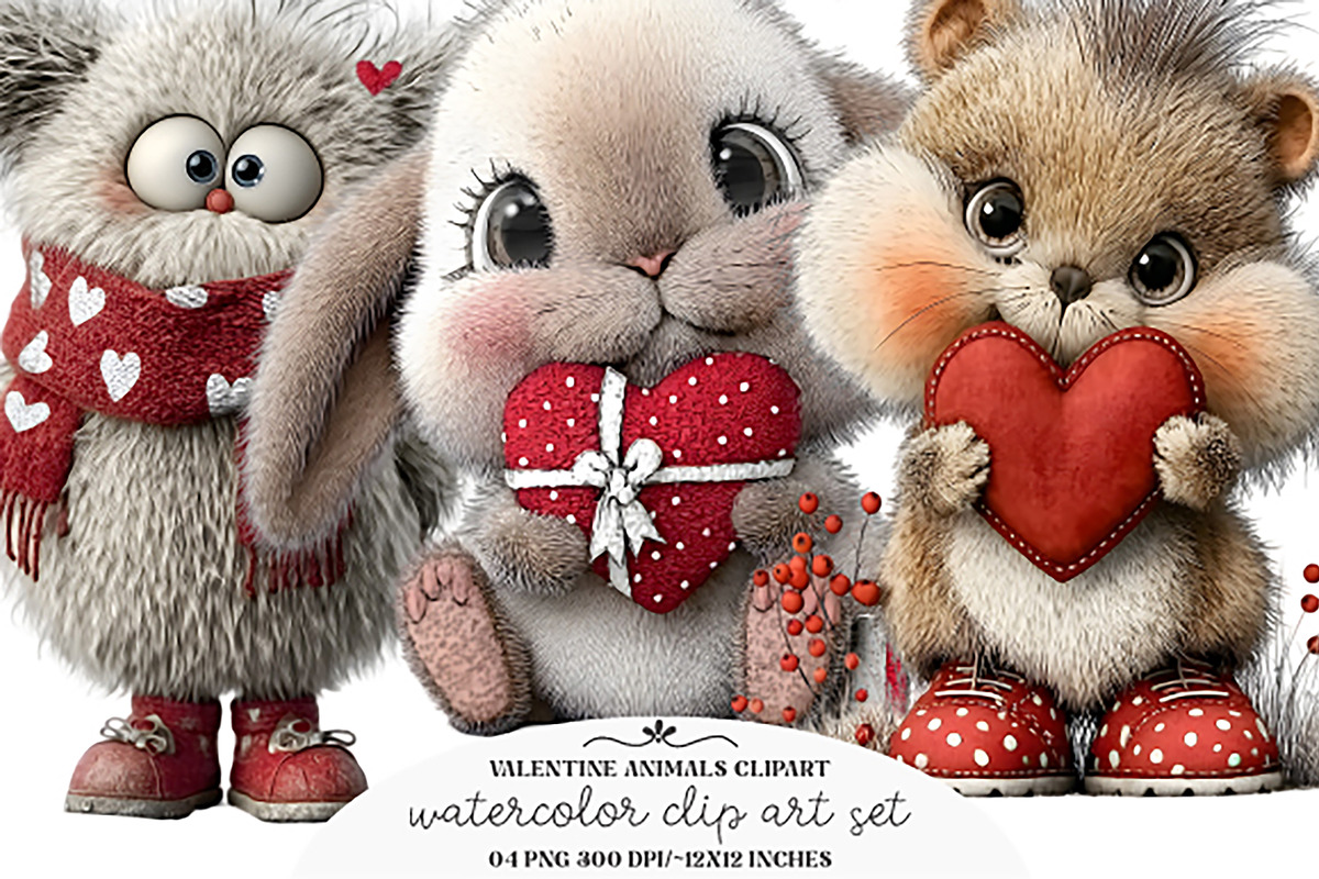 Watercolor Animals Valentine Clipart, a 3D by GatewayDesign (Photo 1 of 2)