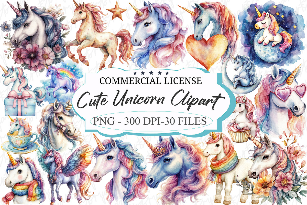 Cute Unicorn Sublimation Clipart, an Illustration by designcity5 (Photo 1 of 5)