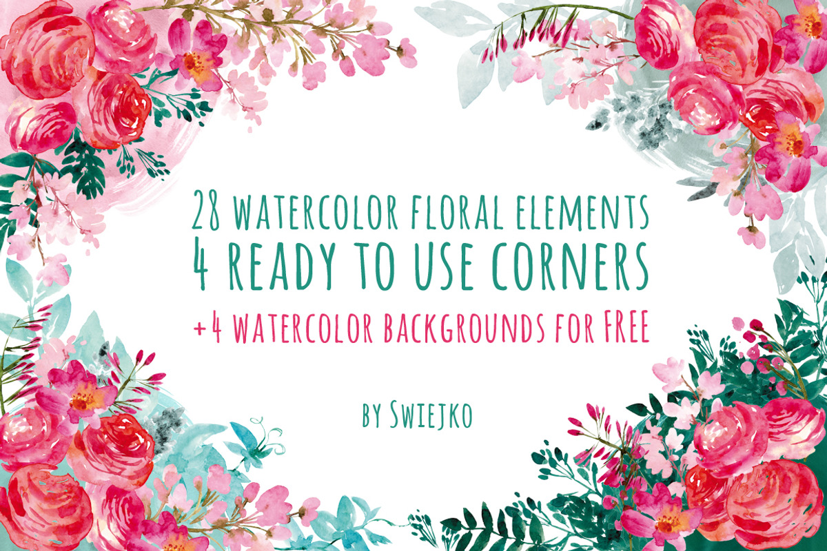Watercolor flowers, corners, an Illustration by swiejko (Photo 1 of 3)