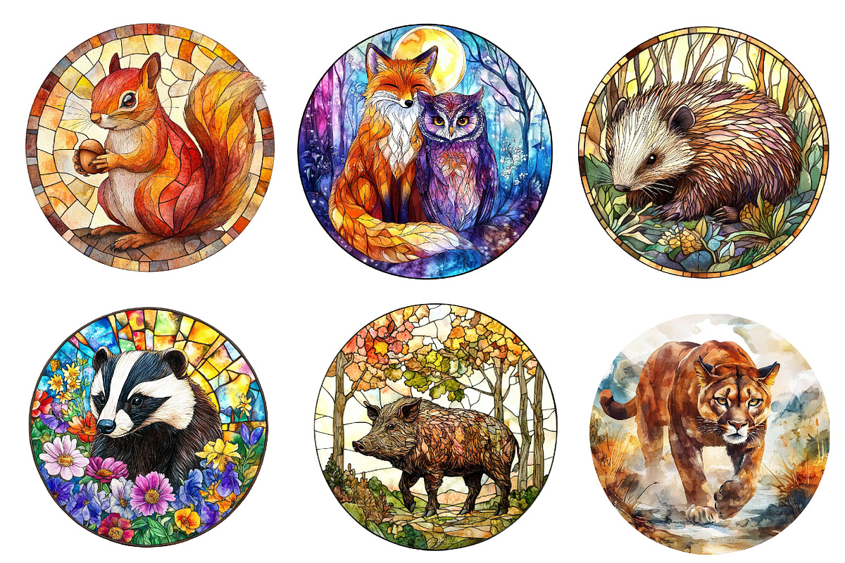 Round Stained Glass Forest Animals, an Illustration by CreationArt (Photo 3 of 5)