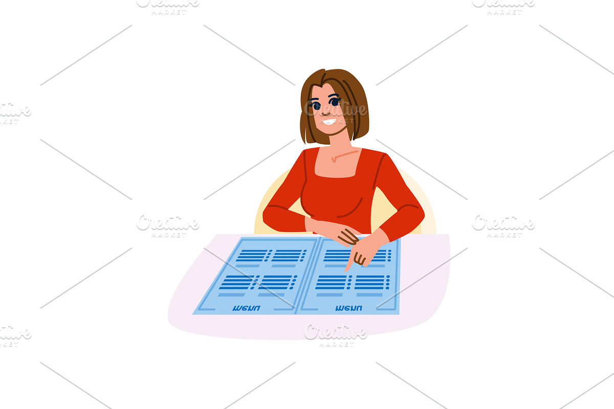 Woman pointing at menu item in, a Food Illustration by pikepicture