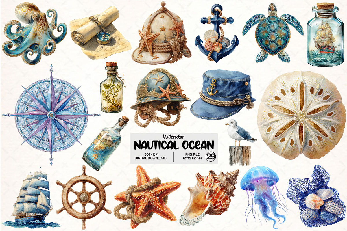 Nautical Ocean Watercolor Clipart, an Illustration by Pixels.Craft (Photo 1 of 7)