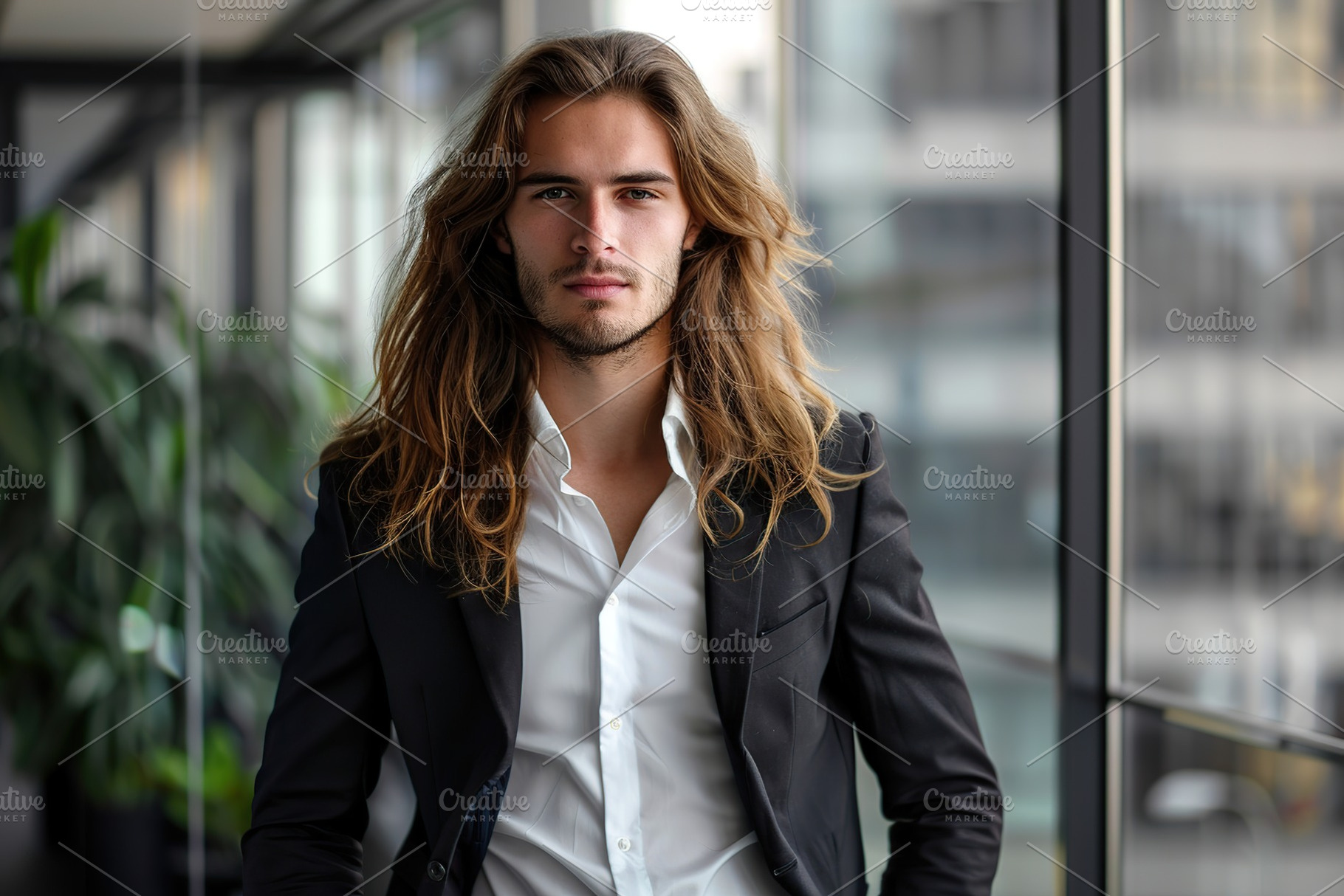 Young businessman in business suit with long hair standing on blurred office ba, a Business Photo by AlyaAnd