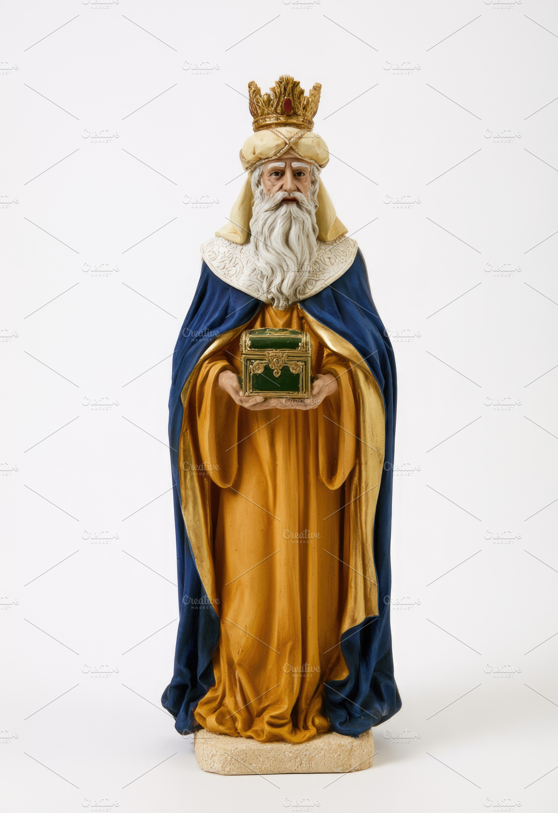 Melchior Three Wise Men figurine holding golden gift isolated on, a Food & Drink Photo by José Manuel Gelpi