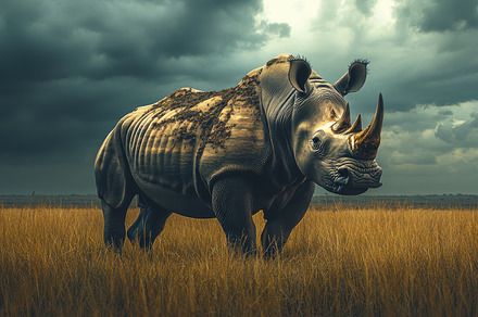A rhinoceros stands powerfully in a, an Animal Photo by Pixeness